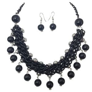 Black Bead Drop Statement Necklace Earrings Set